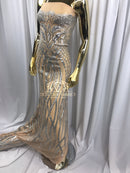 4 Way Stretch - Silver - Vines Design Sequins Fabric Embroidered On Nude Mesh Sold By The Yard