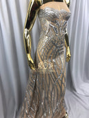 4 Way Stretch - Silver - Vines Design Sequins Fabric Embroidered On Nude Mesh Sold By The Yard