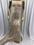 4 Way Stretch - Silver - Vines Design Sequins Fabric Embroidered On Nude Mesh Sold By The Yard