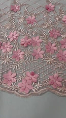 3D Floral Pearl Fabric - Pink - 3D Triangle Flower Design on Mesh By Yard