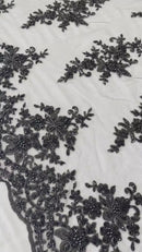 Beaded Shiny Floral Cluster - Black - Embroidered Luxury Floral Design by Yard