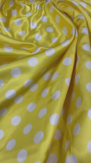 Polka Dot Satin Fabric - White on Yellow - 3/4" Super Soft Silky Satin Polka Dot Fabric Sold By Yard