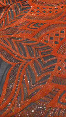 Orange Sequin - 4 Way Stretch Embroidered Royalty Sequins Design Fabric By Yard