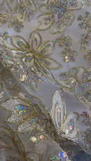 Holographic Sequins Lace - Ivory / Gold - Flower Sequins Lace Design w/ Metallic Thread by Yard