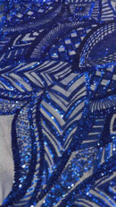 Fabric 4 Way Stretch By The Yard - Royal Sequins - Embroidered Mesh Design Fabric By The Yard