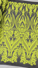 Big Damask Sequins Fabric - Yellow on Black - 4 Way Stretch Damask Sequins Design Fabric By Yard