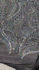 Silver on Black Mesh - 4 Way Stretch Embroidered Royalty Sequins Design Fabric By Yard