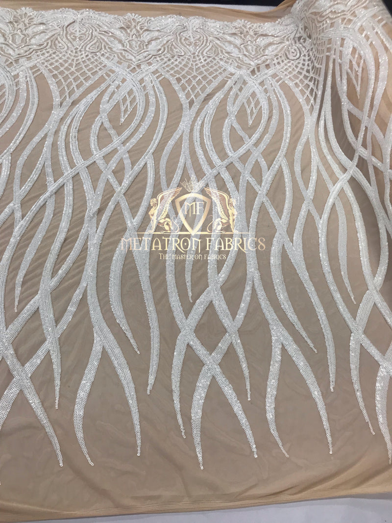 4 Way Stretch - White - Vines Design Sequins Fabric Embroidered On Nude Mesh Sold By The Yard