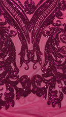 Big Damask Sequins Fabric - Fuchsia - 4 Way Stretch Damask Sequins Design Fabric By Yard