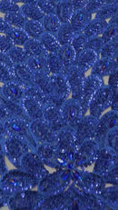 3D Beaded Peacock Feathers - Royal Blue - Vegas Design Embroidered Sequins and Beads On a Mesh Lace Fabric (Choose The Panels)