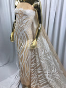 4 Way Stretch - White - Vines Design Sequins Fabric Embroidered On Nude Mesh Sold By The Yard