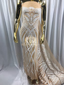 4 Way Stretch - White - Vines Design Sequins Fabric Embroidered On Nude Mesh Sold By The Yard