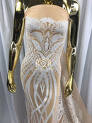 4 Way Stretch - White - Vines Design Sequins Fabric Embroidered On Nude Mesh Sold By The Yard