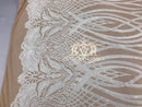 4 Way Stretch - White - Vines Design Sequins Fabric Embroidered On Nude Mesh Sold By The Yard