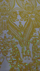 Big Damask Sequins Fabric - Yellow - 4 Way Stretch Damask Sequins Design Fabric By Yard