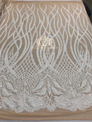 4 Way Stretch - White - Vines Design Sequins Fabric Embroidered On Nude Mesh Sold By The Yard