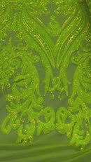 Big Damask Sequins Fabric - Lime Green - 4 Way Stretch Damask Sequins Design Fabric By Yard