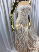 4 Way Stretch - White - Vines Design Sequins Fabric Embroidered On Nude Mesh Sold By The Yard
