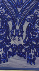 Big Damask Sequins Fabric - Royal Blue - 4 Way Stretch Damask Sequins Design Fabric By Yard