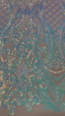 Damask Geometric Sequins - Aqua on Nude Mesh - 4 Way Stretch Sequins Damask Pattern Design Sold By Yard