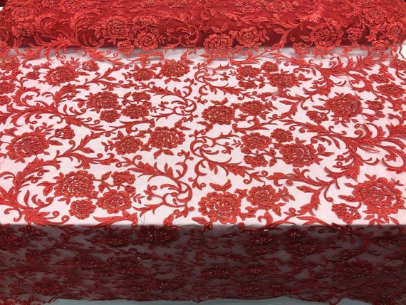 Beaded Floral - RED - Luxury Wedding Bridal Embroidery Lace Fabric Sold By The Yard
