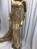 4 Way Stretch - Gold - Vines Design Sequins Fabric Embroidered On Mesh Sold By The Yard