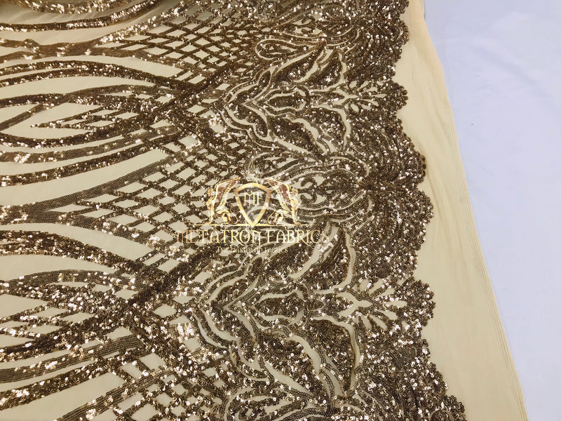 4 Way Stretch - Gold - Vines Design Sequins Fabric Embroidered On Mesh Sold By The Yard