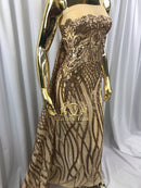 4 Way Stretch - Gold - Vines Design Sequins Fabric Embroidered On Mesh Sold By The Yard