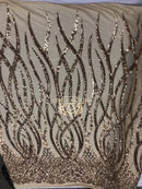 4 Way Stretch - Gold - Vines Design Sequins Fabric Embroidered On Mesh Sold By The Yard