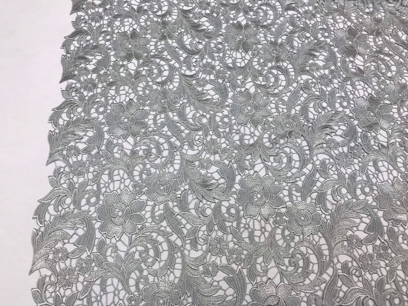 Guipure Lace Fabric - Grey - Embroidered Floral Bridal Lace Guipure Wedding Dress By The Yard