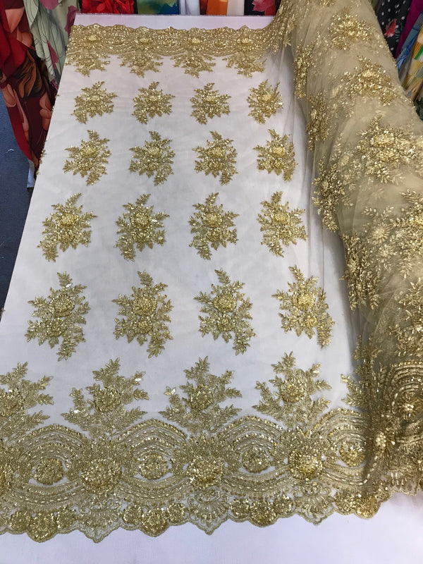 Beaded - Gold - Embroidered Floral Design Fancy Sequins Fabric with Beads Sold By The Yard