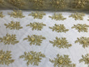 Beaded - Gold - Embroidered Floral Design Fancy Sequins Fabric with Beads Sold By The Yard