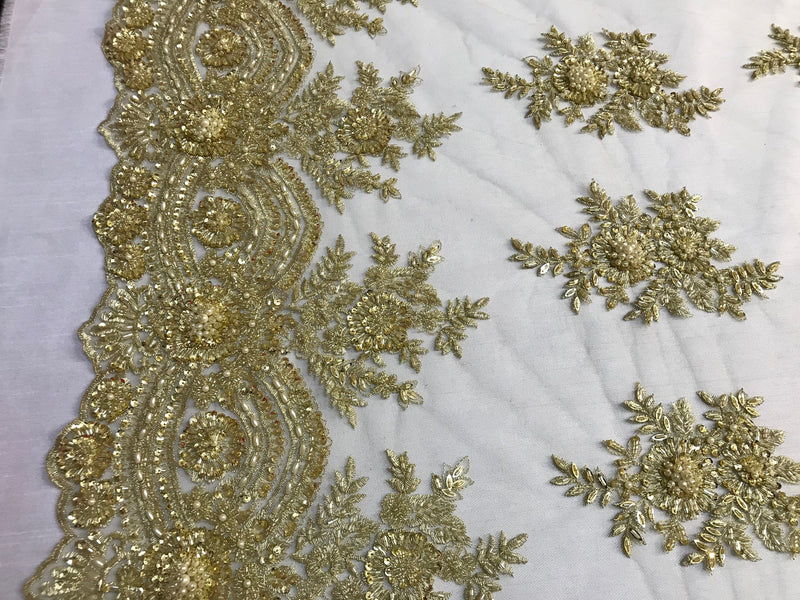 Beaded - Gold - Embroidered Floral Design Fancy Sequins Fabric with Beads Sold By The Yard