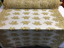 Beaded - Gold - Embroidered Floral Design Fancy Sequins Fabric with Beads Sold By The Yard