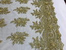 Beaded - Gold - Embroidered Floral Design Fancy Sequins Fabric with Beads Sold By The Yard