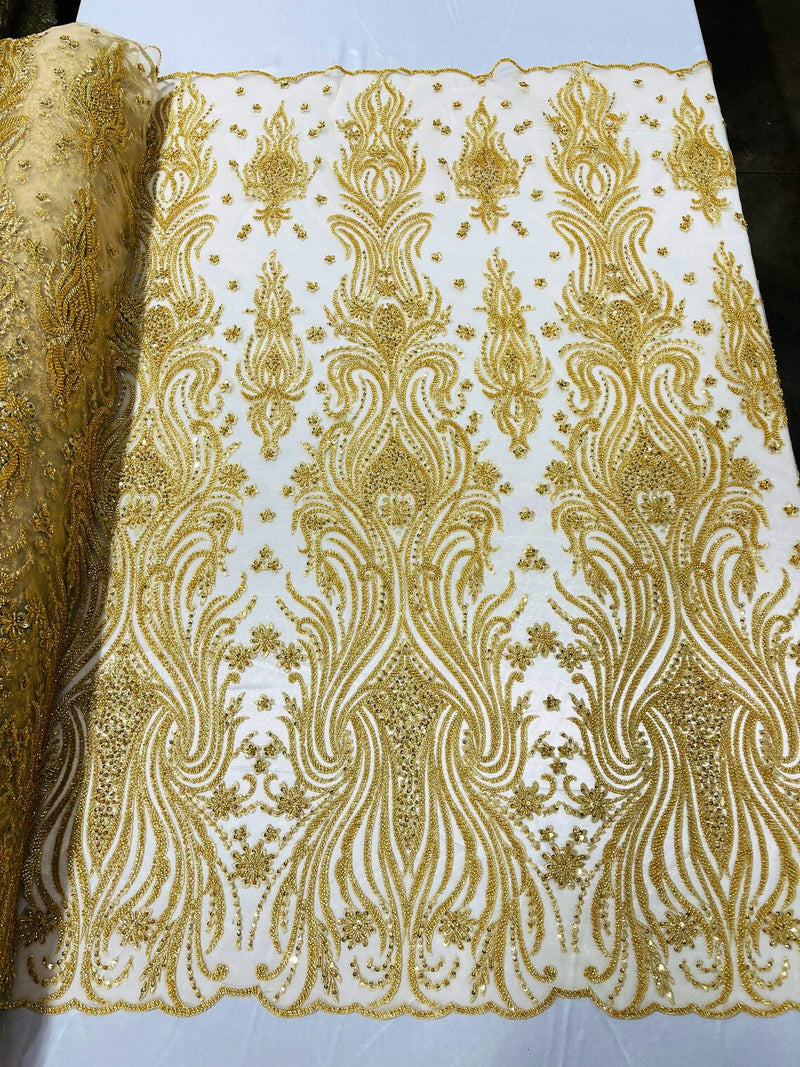 Luxury Bead Design - Gold - Floral Fabric Embroidered w/ Pearls-Beads on Mesh Lace By Yard