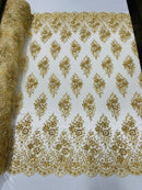 Floral Cluster Bead Fabric - Gold - Sold By The Yard - Embroidered Flower Beaded Fabric