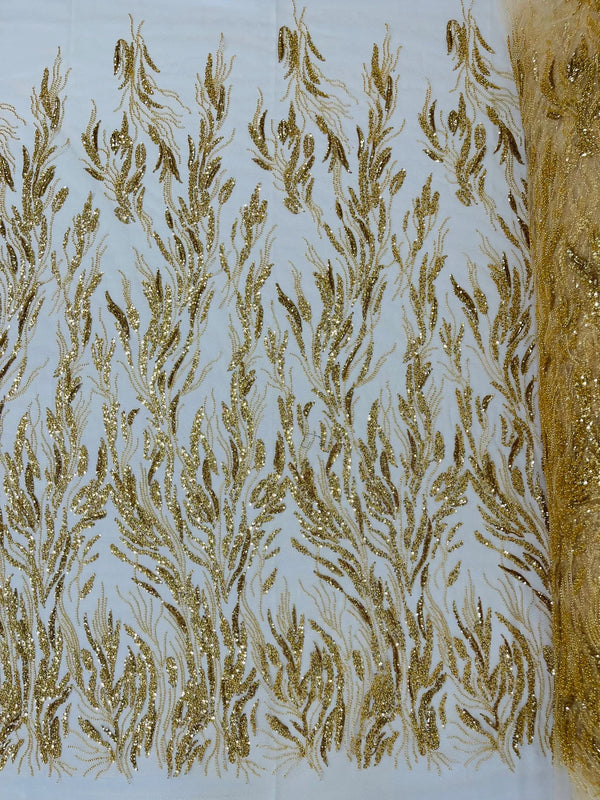 Wavy Plant Lines Bead Fabric - Gold - Embroidered Beaded Wedding Bridal Fabric Sold By The Yard