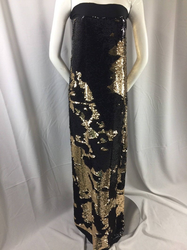 Mermaid Sequins Fabric Reversible 2 Way Stretch Black / Gold Shiny Flip Up Prom-Gown 40 Yards