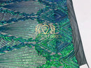 4 Way Stretch - Blue/Green - Triangle Lines Design Sequins Fabric Embroidered Mesh Sold By The Yard