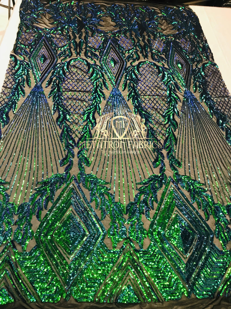 4 Way Stretch - Blue/Green - Triangle Lines Design Sequins Fabric Embroidered Mesh Sold By The Yard