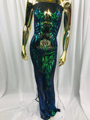 4 Way Stretch - Blue/Green - Triangle Lines Design Sequins Fabric Embroidered Mesh Sold By The Yard