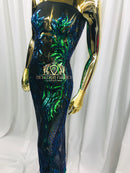 4 Way Stretch - Blue/Green - Triangle Lines Design Sequins Fabric Embroidered Mesh Sold By The Yard