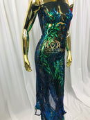 4 Way Stretch - Blue/Green - Triangle Lines Design Sequins Fabric Embroidered Mesh Sold By The Yard