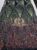 4 Way Stretch - Iridescent Rainbow Triangle Design Sequins Fabric Embroidered Mesh Sold By The Yard