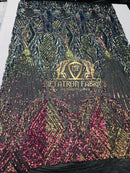 4 Way Stretch - Iridescent Rainbow Triangle Design Sequins Fabric Embroidered Mesh Sold By The Yard