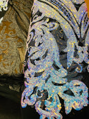 Big Damask Sequins Fabric - Iridescent Blue - 4 Way Stretch Damask Sequins Design Fabric By Yard