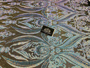 Big Damask Sequins Fabric - Iridescent Blue - 4 Way Stretch Damask Sequins Design Fabric By Yard