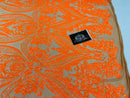 Big Damask Sequins Fabric - Neon Orange - 4 Way Stretch Damask Sequins Design Fabric By Yard