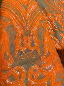 Big Damask Sequins Fabric - Neon Orange - 4 Way Stretch Damask Sequins Design Fabric By Yard